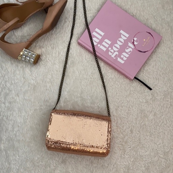 New J. Crew Rose Gold Sequin Party Clutch Crossbody Bag Chain Strap Small - Picture 1 of 6